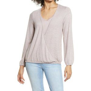 Bobeau Faux Wrap Front Lace Trim Long Sleeve Hacci Top Mauve Blush Sz M NEW $52